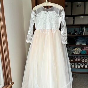 Girls ballgown maxi formal dress Pink white lace flower size 12